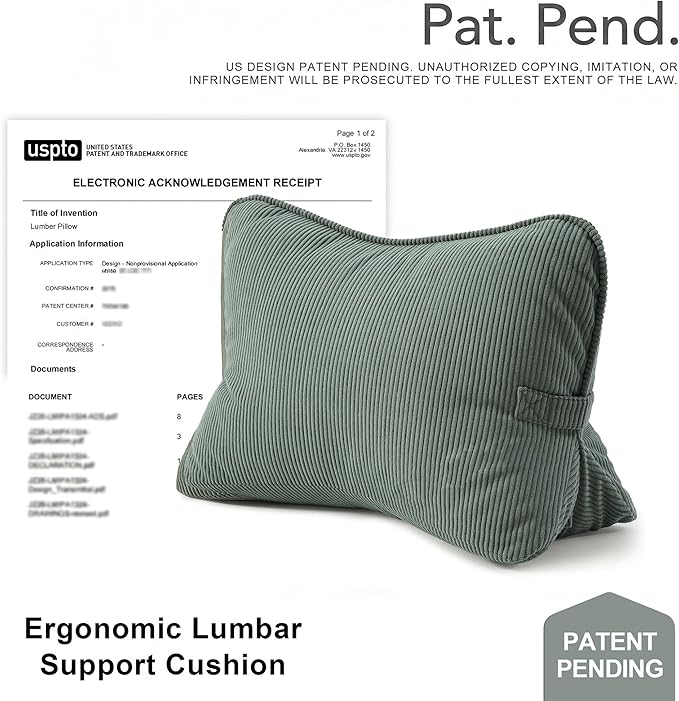 Pat. Pend. Corduroy Lumbar Support Pillow for Sitting and Posture Support, Triangle Cushion for Bed, Sofa or Couch, Reading Back Pillow with Removable Washable Cover, Peacock Blue