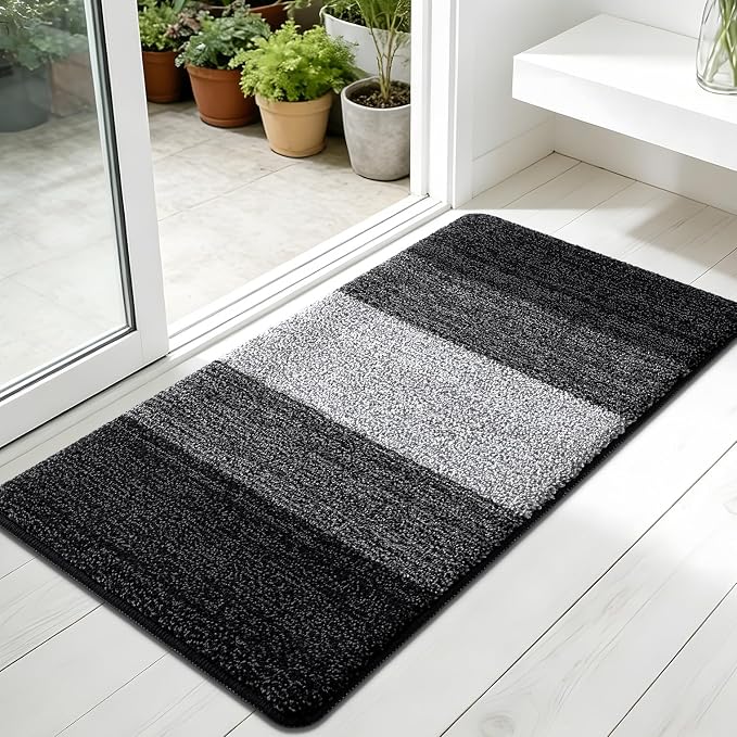 Kitinjoy Indoor Outdoor Door Mat, 45x27 Non-Slip Absorbent Dirt Trapper, Low-Profile Washable Inside Entrance Front Floor Mat, Sturdy Soft Entry Doormats for Entryway, Black