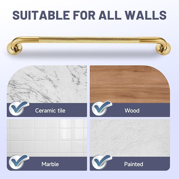 32 Inch Shower Grab Bar, Brushed Gold Anti Slip Safety Bars, 304 Stainless Steel Bathroom Handrail, Handicap Grab Bars for Wall, Shower Grip Handle for Seniors Elderly Injury Assist Bath (1.25" Dia)