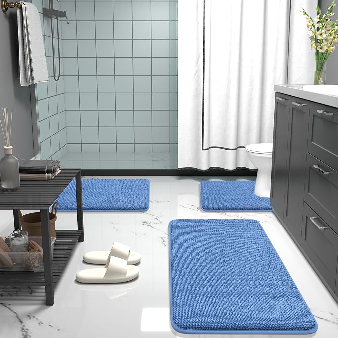 OLANLY Thick Memory Foam Bathroom Runner Rugs 44x24, Extra Soft Absorbent Long Bath Mats, Quick Dry, Non-Slip, Machine Washable Bath Mat for Tub and Shower, Home Decor Accessories, Cornflower Blue
