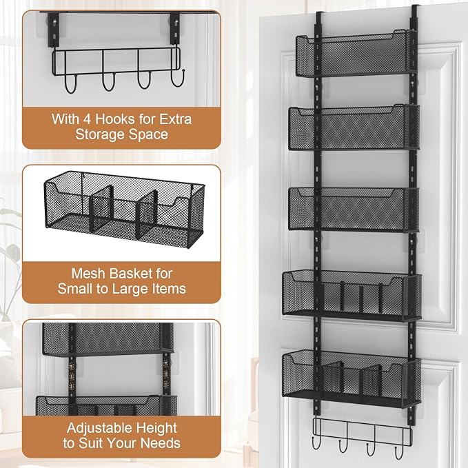 VyGrow Over The Door Organizer, Metal Door Organizer Hanging with 5 Adjustable Baskets and Coat Hook, Behind The Door Storage for Bedroom Closet Bathroom Pantry Cabinet Kitchen, Black