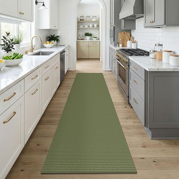 KOZYFLY Cotton Runners for Hallway 3x9, Wide Washable Runner Rug, Woven Non Slip Kitchen Runner, Braided Entryway Rug, Floor Carpet for Foyer, Bedroom, Hall, Olive Green/Earthy Green