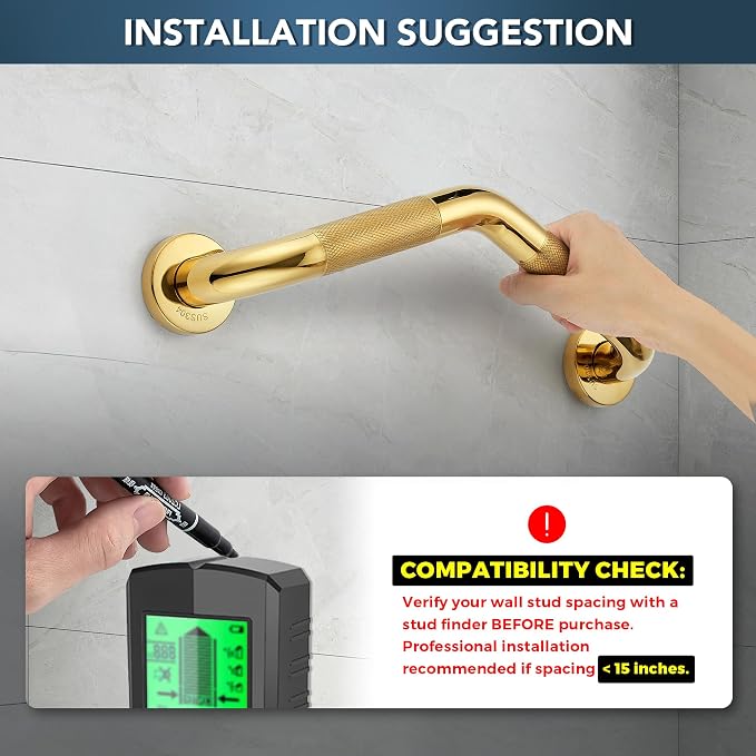 Grab Bars for Bathtubs and Showers- 1-1/4 x 16 Angled Shower Grab Bar for Seniors Knurled Stainless Steel Handicap Grab Bars for Wall (Gold, 1 Pack)