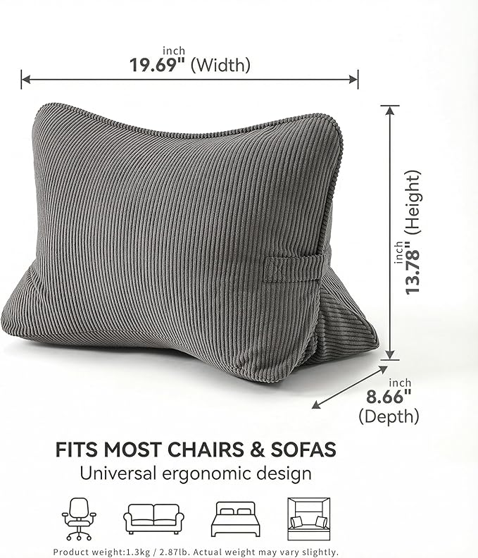 Pat. Pend. Corduroy Lumbar Support Backrest Pillow for Sitting & Reading, Ergonomic Triangle Cushion for Sofa, Armchair & Bed, Removable Cover, Dark Grey