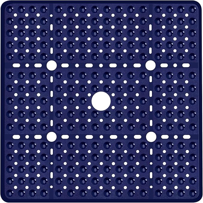 Large Square Shower Mat 27 x 27 Inch Navy Blue, Non Slip Shower Bathtub Mats for Inside Shower with Big Suction Cups Drain Holes, Anti Slip Bathroom Floor Stall Mats, Easy Clean, BPA-Free