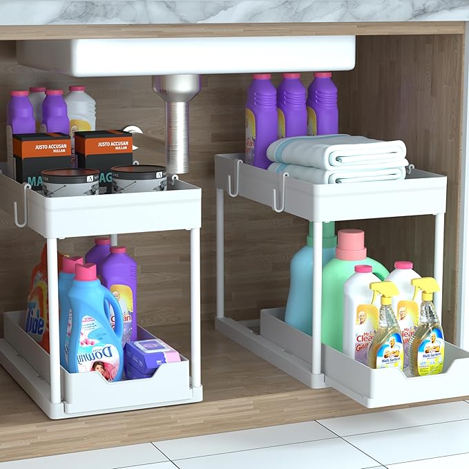 Under Sink Organizer - 2 Pack | Pull out Bathroom Organizer | 2 Tier Slide out Bathroom/Kitchen Organizers and Storage | White