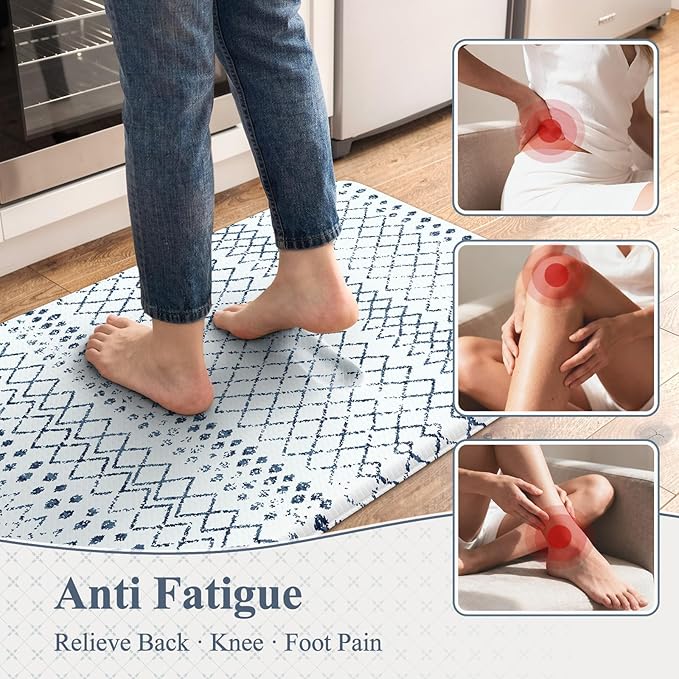 KIMODE Kitchen Mats 2PCS Cushioned Anti Fatigue Boho Kitchen Rugs and Mats Non Slip Waterproof Kitchen Mats for Floor Comfort Foam Standing Desk Mat for Home Office Sink Blue White Laundry Room Decor