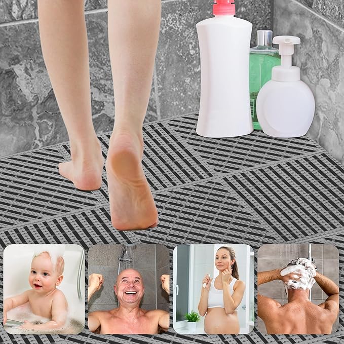 ToLanbbt Modular Interlocking Cushion 12P 11.8" x 11.8" Interlocking Rubber Floor Drain Holes Non-Slip Splicing Drainage Mats for Deck, Shower, Kitchen, Drain Pool, Sauna Bath (Grey, 2 Rows Dots)