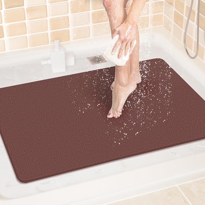 LuxStep Shower Mat Bathtub Mat,24x32 inch, Non-Slip Bath Mat with Drain, Quick Drying PVC Loofah Bathmat for Tub,Shower,Bathroom,Reddish Brown