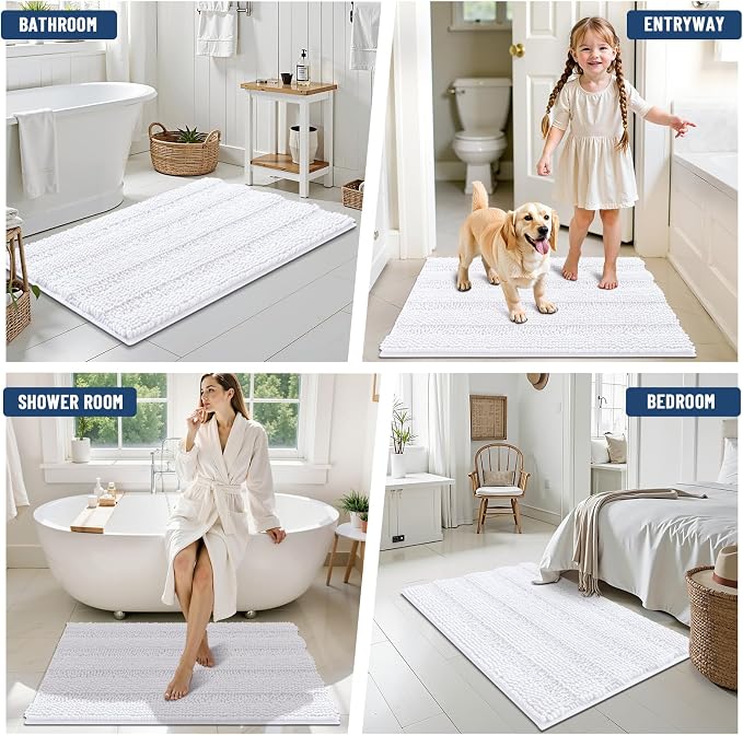 Grandaily Chenille Striped Bathroom Rugs 59x24, Extra Thick and Soft Absorbent Bath Mats, Rubber Backing, Plush Shaggy Shower Carpet, Machine Wash Dry, Bath Rug for Bathroom, Solid White