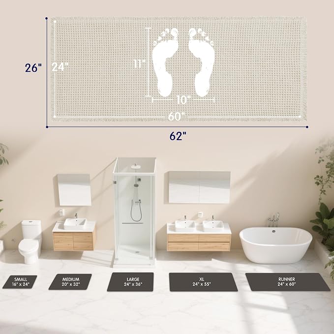 SUBRTEX Waffle Braided Bath Mat, 24" x 60" Soft Waffle Bath Rugs, Absorbent Non Slip Bathrooom Mats, Machine Washable Area Rug for Bathroom, Quick Dry, White