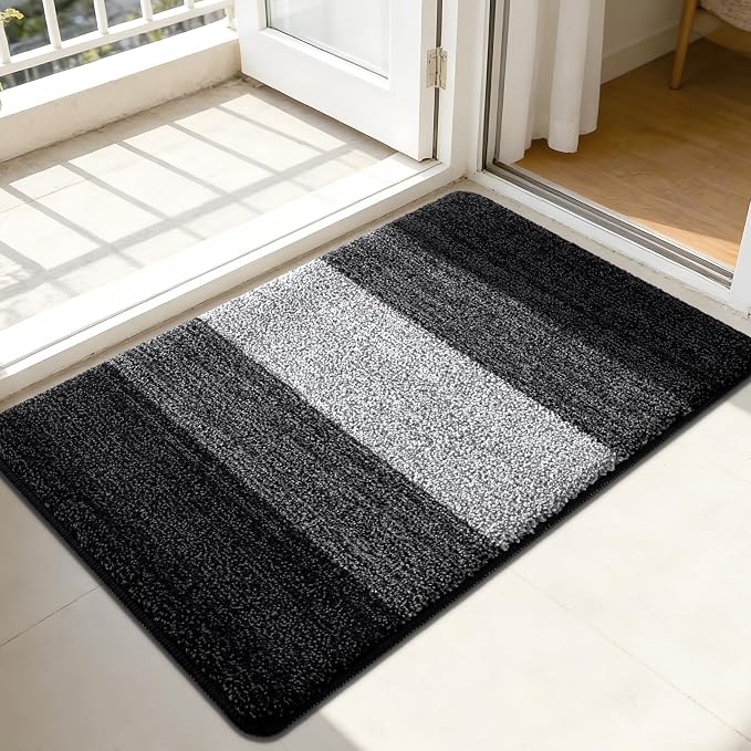 Kitinjoy Indoor Outdoor Door Mat, 44x32 Non-Slip Absorbent Dirt Trapper, Low-Profile Washable Inside Entrance Front Floor Mat, Sturdy Soft Entry Doormats for Entryway, Black