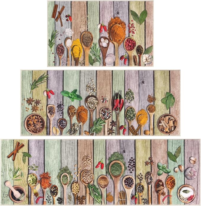 Vaukki Boho Kitchen Rug Sets 3 Pieces, Washable Kitchen Mats for Floor, Non Slip Soft Kitchen Area Rug Floor Mat for Kitchen, Laundry Room and Hallway (Spice-Colorful, 20''x32''+20''x47''+20''x59'')