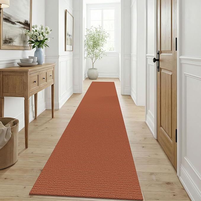 KOZYFLY Orange Runners for Hallway 3x9, Wide Washable Runner Rug, Woven Non Slip Kitchen Runner, Braided Entryway Rug, Floor Carpet for Foyer, Bedroom, Hall, Burnt Orange/Tan