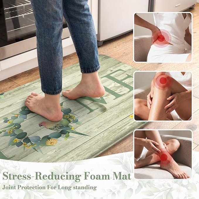 KIMODE Anti Fatigue Kitchen Mats for Floor 2 Piece,Farmhouse Spring Rugs Non Slip,Cushioned Memory Foam Carpet for Sink Laundry Office Bathroom,Green 17"x47"+17"x29"