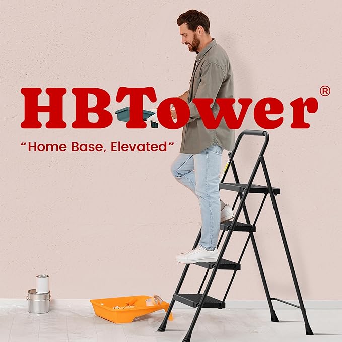 HBTower Step Ladder, 4 Step Ladder Folding Step Stool with Wide Anti-Slip Pedal, Lightweight Ladders for Home, Black