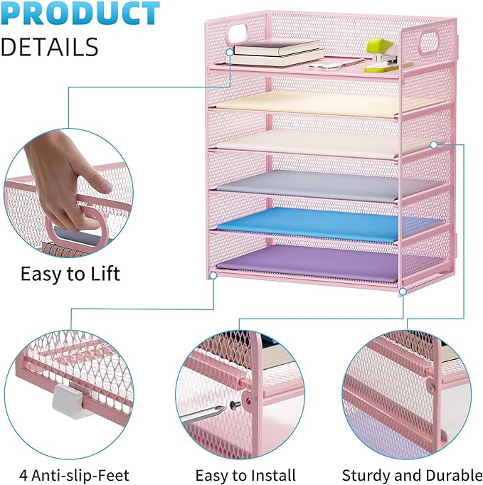 Marbrasse 2 Pack Desk Organizer with Handle, 6 Tier Paper Letter Tray, Mesh Desk File Organizer for Office, School and Home - Pink