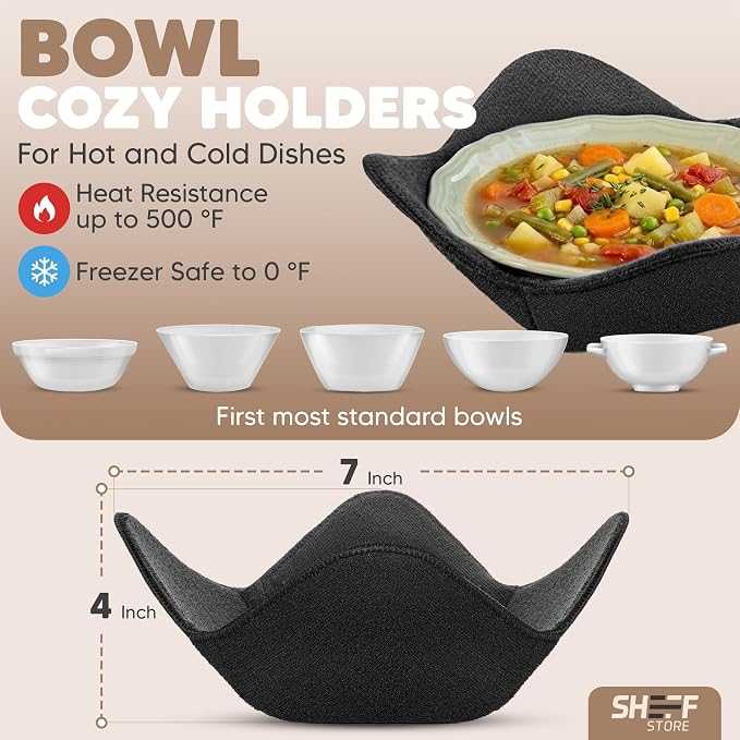 Sheff Microwave Bowl Cozy Holders Set of 4 - Durable and Reliable for Hot and Cold Plates and Dishes - Ideal Household Gift (Black, 7 inch)