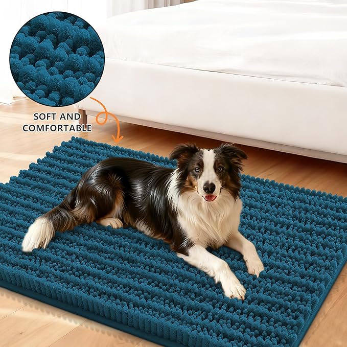 Smiry Dog Door Mat for Muddy Paws 48x30, Absorbent Dirt Trapper, Non-Slip Washable Chenille Entryway Rug for Inside Floor, Atlantic Blue, Layered Pattern