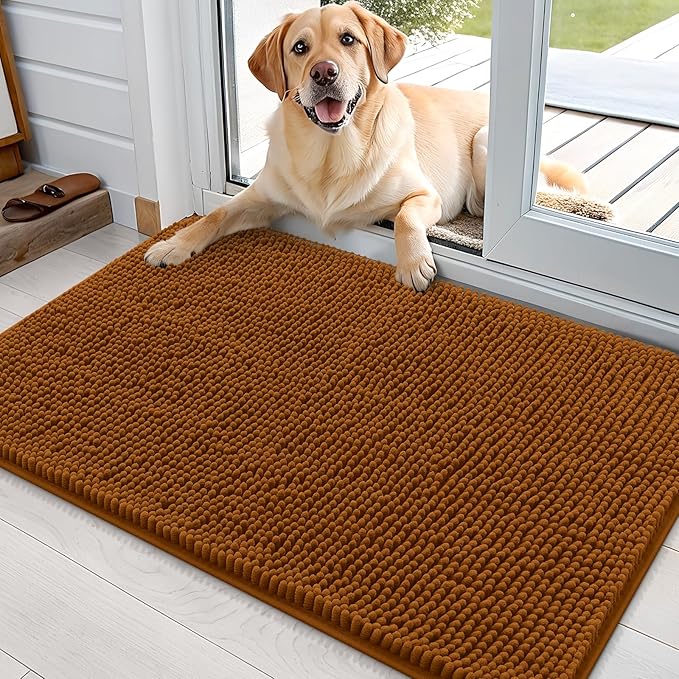 OLANLY Dog Door Mat for Muddy Paws 35x24, Absorbs Moisture and Dirt, Absorbent Non-Slip Washable Doormat, Quick Dry Chenille Mud Mat for Dogs, Entry Indoor Entryway Carpet for Inside Floor, Ochre