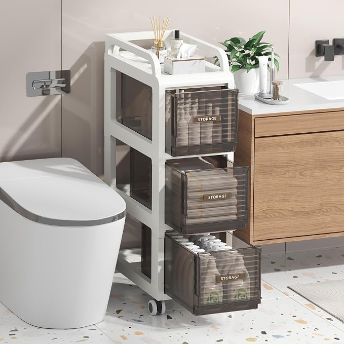 Bathroom Storage with Drawers, 9.8" Wide Wide Slim Storage Cabinet with Wheels for Small Spaces, Narraw Cart for Kitchen Office Bedroom Dinning Room Under Desk, 29.7" Tall