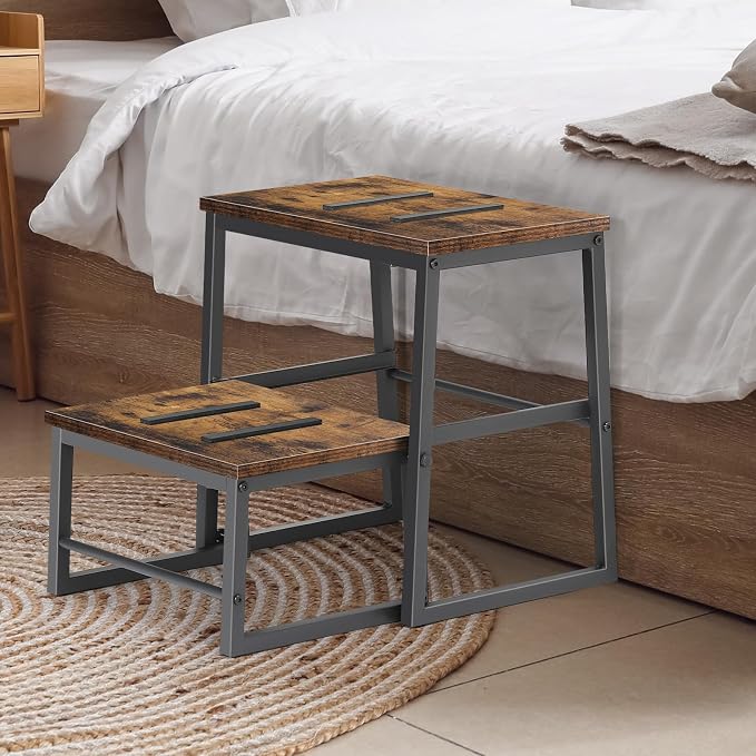 LIANTRAL 2 Step Stools for Adults & Kids, Heavy Duty 2-in-1 Stepping Stools Adjustable Retractable Wooden Stool, Metal Frame, Non-Slip Bedside Foot Stool, for Bed, Kitchen, RV Step - Rustic Brown