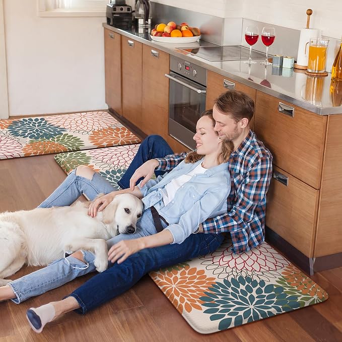 Kitchen Rugs and Mats Cushioned Anti Fatigue Kitchen Mat 2PCS Non-Skid Waterproof Kitchen Runner Rug Comfort Foam Standing Mat for Floors,Office,Laundry,Sink,Floral