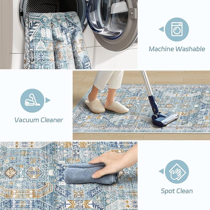 Madane Runner Rug 2'6''x8' Kitchen Runner, Hallway Runner Printed Vintage Washable Rugs Soft Non-Slip Low Pile Runners for Hallways Laundry Room Distressed Carpet, Blue/Gold