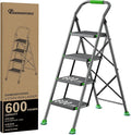 Step Ladder Foldable Folding Stool - for Home Adults Kitchen 4 Stepping Extension Tall Heavy Duty with Handrails - Closet Stepstool Stair Ladders Extendable Stepladder for Indoor House 600Lbs