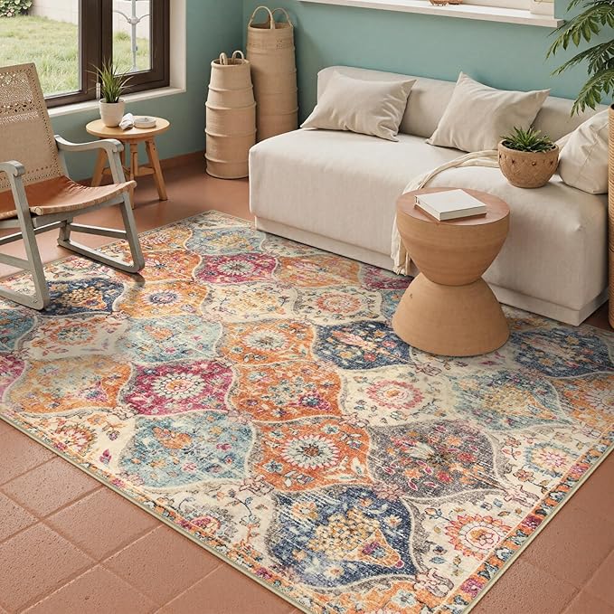 Lahome Moroccan Trellis Washable Small Area Rug, 3x5 Area Rug for Bedroom Living Room, Non-Slip Oriental Accent Throw Carpet for Kitchen Office Entryway Bathroom Office Elise, Cream/Multi