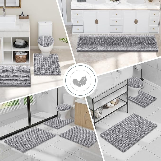 Smiry Bathroom Toilet Rugs U Shaped 20x20, Extra Soft Absorbent Non Slip Rubber Backing Chenille Contour Bath Rugs for Toilet, Machine Washable Contoured Bath Mats, Grey