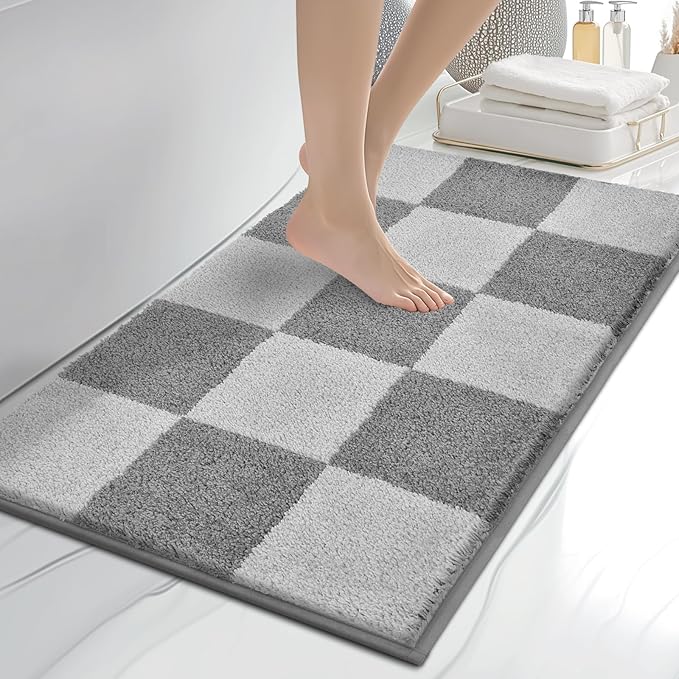 anllugs Bathroom Rugs 20" x 30", Non-Slip Extra Soft Absorbent Bath Rugs, Machine Washable Quick Dry Bath Mats for Bathroom Floor, Shower, Bathtub and Sink, Checkered Light Grey & Grey
