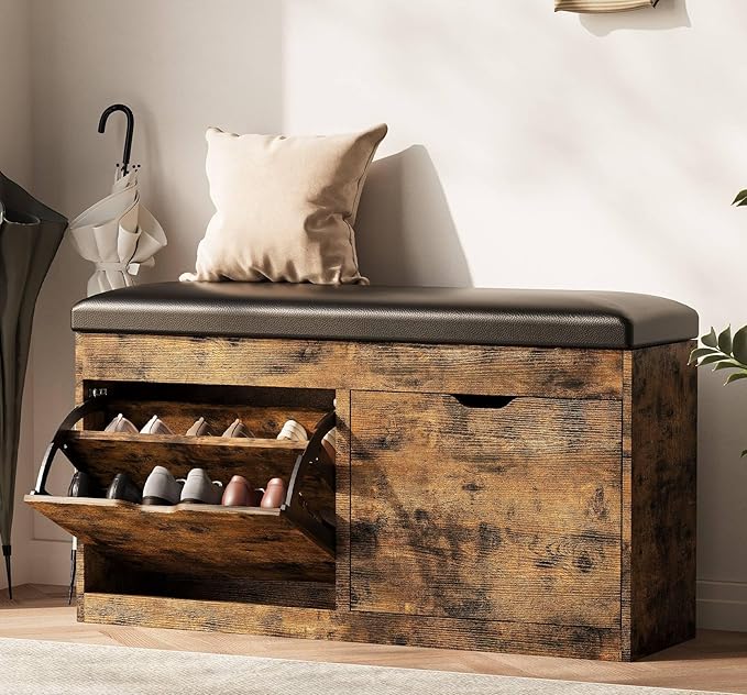 40" Shoe Storage Bench with 2 Flip Drawers & Padded Seat Cushion, Shoe Cabinet with Lift Top Storage Box, Shoe Bench Shoe Organizer for Entryway, Hallway, Living Room, Vintage Brown