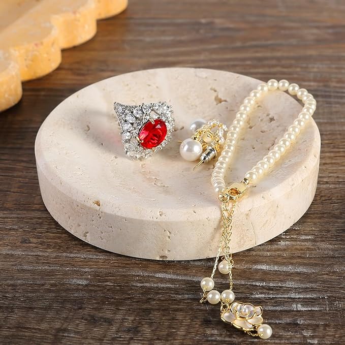 Koville Marble Jewelry Dish, Small Round Trinket Dish for Ring Necklace Earring, 4" Decorative Dish, Natural Stone Soap Dish for Bathroom Kitchen