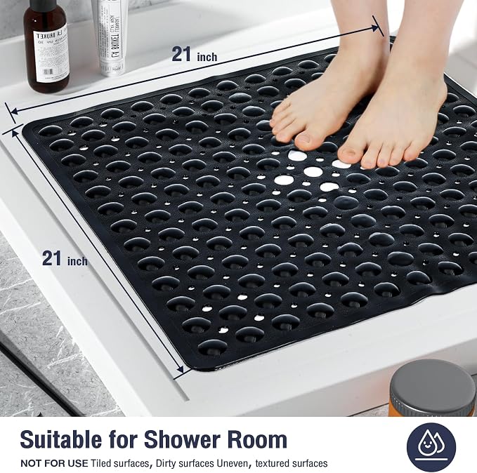 Black Square Shower Bathtub Mat Non Slip 21x21 Inch, Soft Bath Mat for Inside Shower Tub, Shower Stall Mats for Bathroom Floor, Big Suction Cups Drain Holes, Easy Washable and Dry, BPA-Free