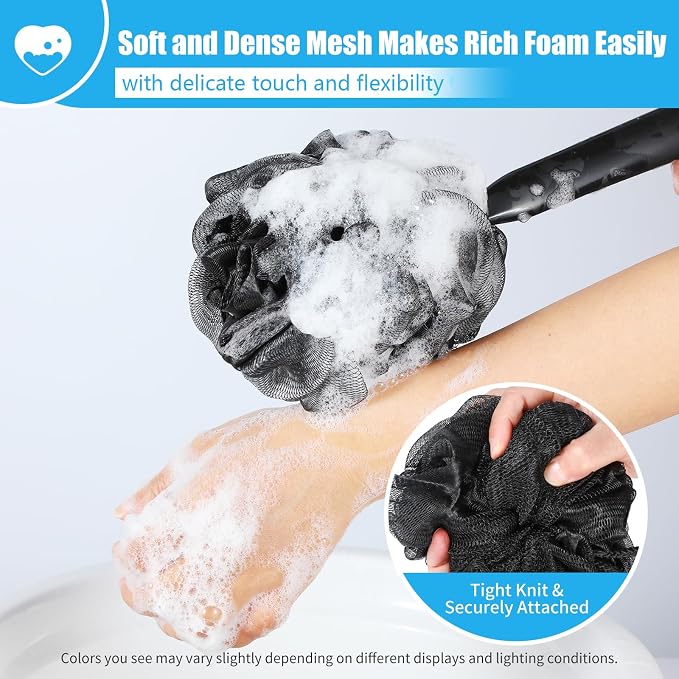 VANZAVANZU Loofah Sponge Set Loofah Exfoliating Body Scrubber, Anti-Slip Plastic 17" Handle Loofah on a Stick with Fluffy Shower Sponge, PE Soft Mesh Shower Loofahs-Black