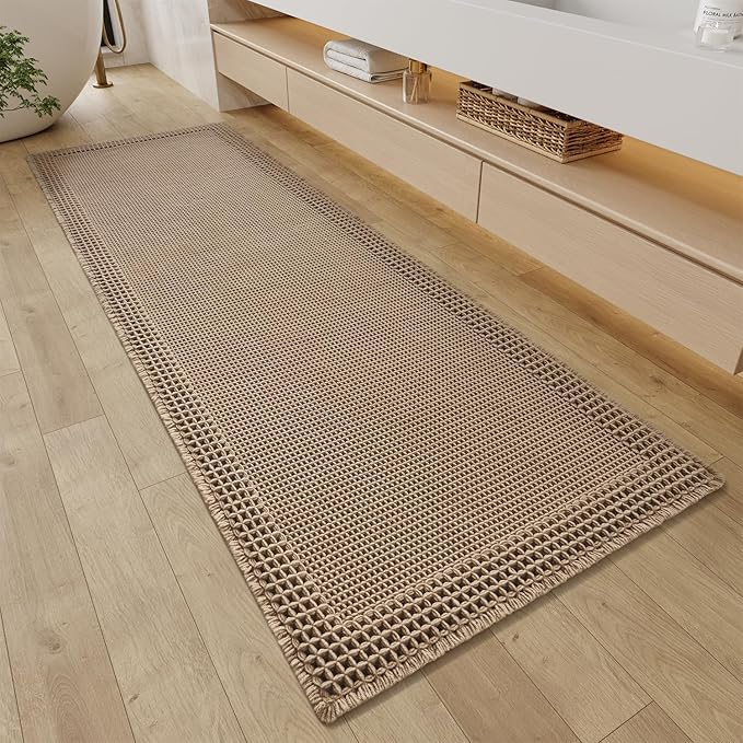 RESARE Waffle Bathroom Runner Rugs, Super Absorbent Bath Mat Non Slip Washable Quick Dry, Upgraded Ultra Soft Boho Bath Rugs with Tassels, Farmhouse Home Decor Accessories, 2'x6'(24"x72") Brown