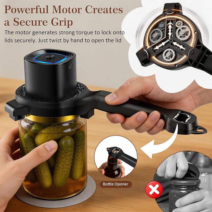 Electric Jar Opener for Seniors with Auto-Adjusting Gripper, Rechargeable Jar & Bottle Openers for Weak Hands and Arthritis, Easy Twist Off Lid Opener with Rubber Gripper Pad, Fits 1"-3.5" Lids(Black)
