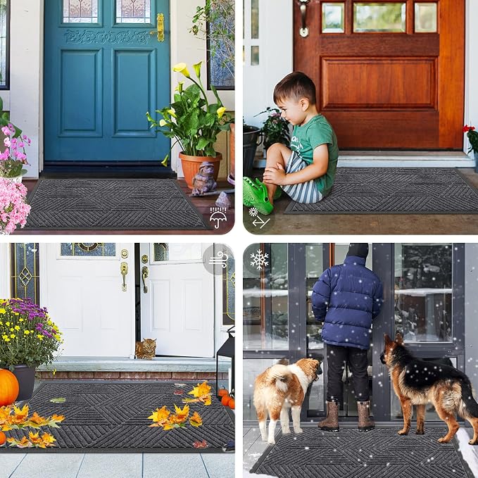Smiry Front Door Mat Outside Entrance, Heavy Duty Sturdy Natural Rubber Doormat, Trap Dirt and Moisture, Easy Clean Low Profile Mats for Indoor Outdoor Entry, Irregular Triangle (29.5x17, Light Grey)