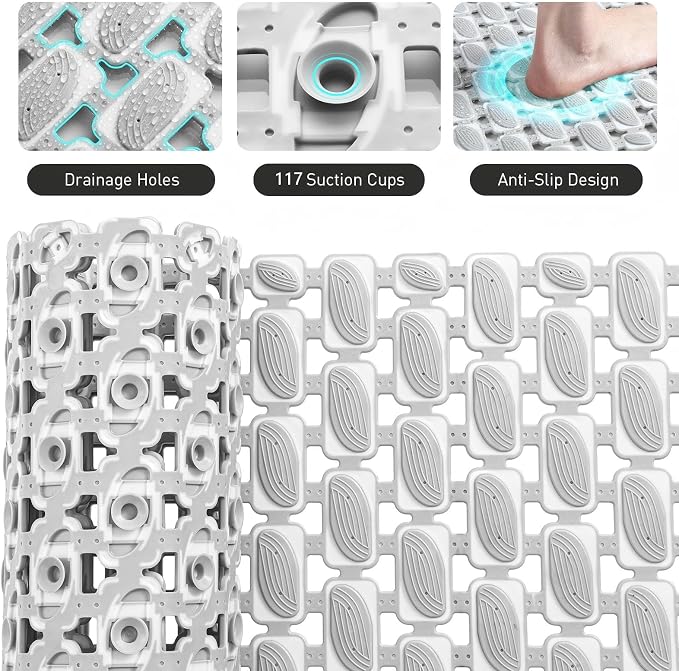 XIYUNTE Shower Mat Non Slip Bathtub Mat - 27 x 16Inches Soft Rubber Bath Mat for Tub Non Slip Bath Mat with Suction Cups and Drain Holes, Easy to Clean, Easy to Cut, Eco-Friendly, Grey
