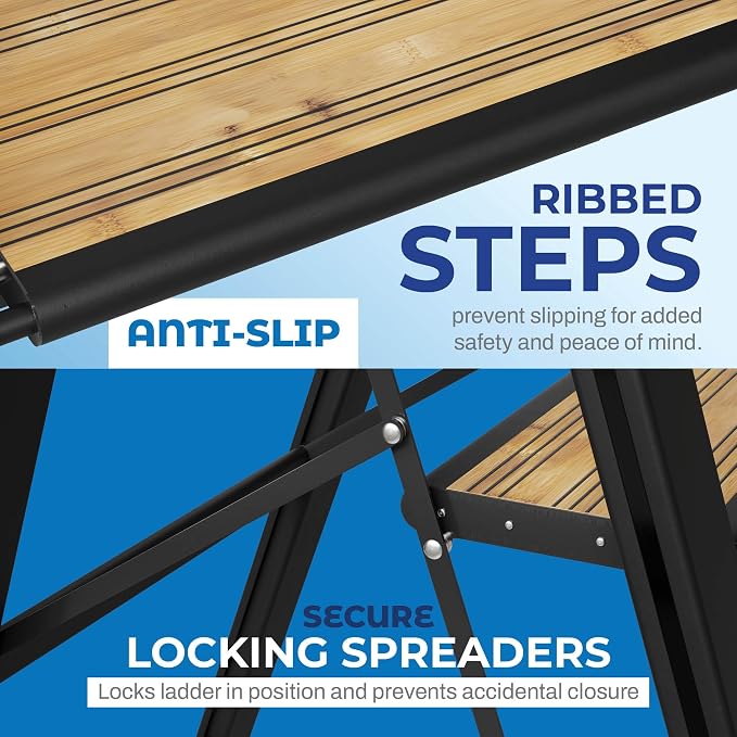 Step Ladder 3 Step Folding, Decorative - Beautiful Bamboo & Black Aluminum, Ultra Slim Profile, Anti Slip Steps, Sturdy-Portable for Home, Office, Kitchen, Photography Use,By SORFEY