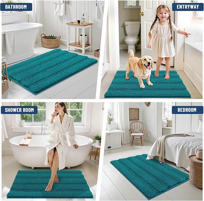 Grandaily Chenille Striped Bathroom Rugs 44x24, Extra Thick and Soft Absorbent Bath Mats, Rubber Backing, Plush Shaggy Shower Carpet, Machine Wash Dry, Bath Rug for Bathroom, Deep Lake
