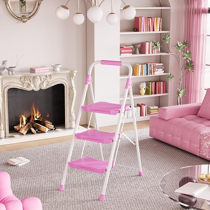 KINGRACK 3 Step Ladder, Sturdy Step Stool with Handrail, Anti-Slip Wide Pedals, 900lbs Foldable Step Stool for Home, Garage, Garden, Household, Large Loading Capacity, Pink