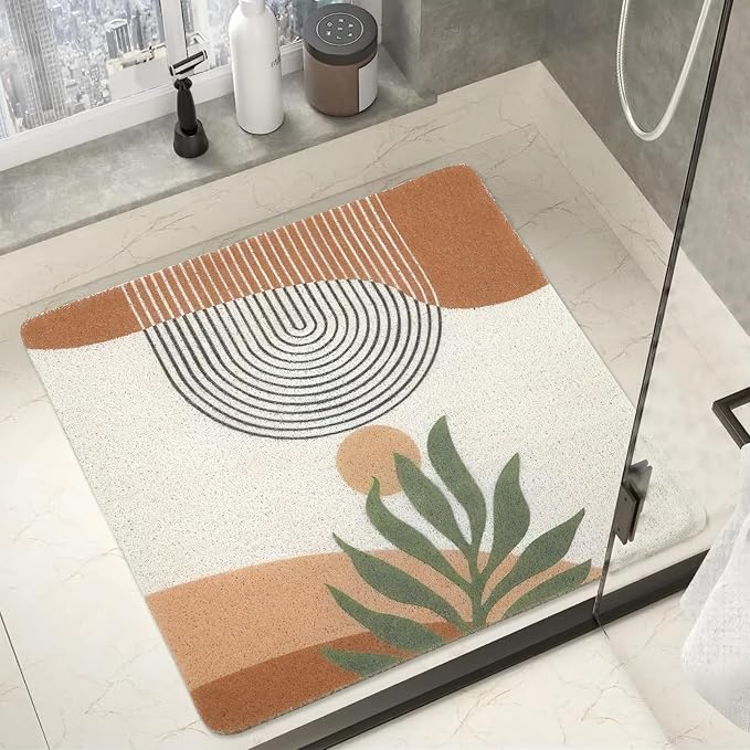 Square Shower Mat Non Slip, Boho Bathmat Quick Drying Easy Cleaning Shower Matt, Tropical Leaves Bath Mats for Bathroom Decor Textured Surface Loofah Shower Foot Scrubber Mat, 24″X24″