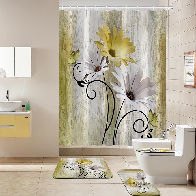 Onalasyc 4PCS Yellow Daisy Flowers Butterfly Shower Curtain Set with Shower Curtain and Carpet and Accessories, Waterproof Bathroom Shower Curtain Decorative Set with 12 pcs Hooks,71 x 71in