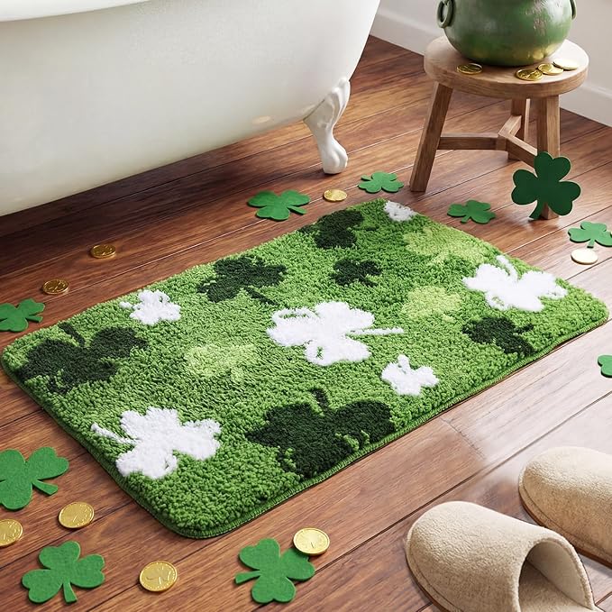 Capoda St. Patrick's Day Bathroom Rug 20 x 30 Inch Green White Shamrock Door Mat Non-Slip Washable Soft Irish Clover Welcome Floor Mat for Indoor Outdoor Home Kitchen Bathroom Decor(1 Pcs, Shamrock)