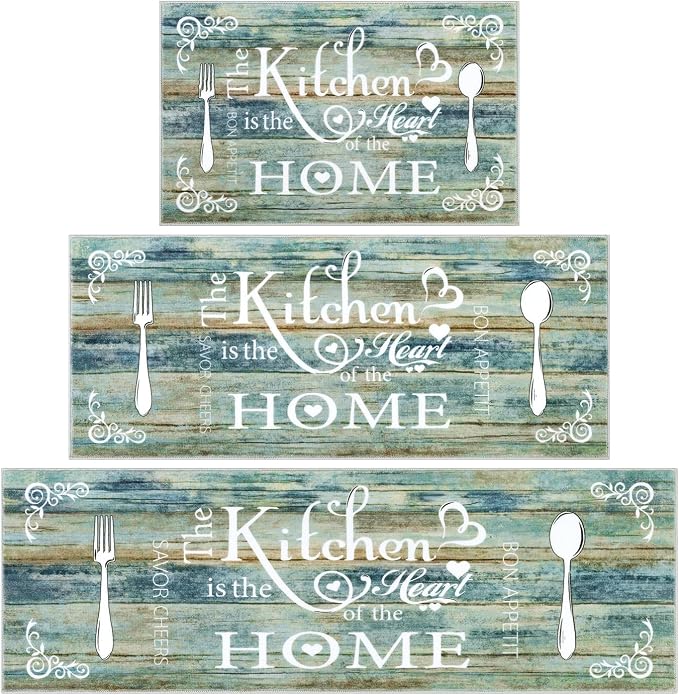 Vaukki Boho Kitchen Rug Sets 3 Pieces, Washable Kitchen Mats for Floor, Non Slip Soft Kitchen Area Rug Floor Mat for Kitchen, Laundry Room and Hallway (Teal and Brown, 20''x32''+20''x47''+20''x59'')