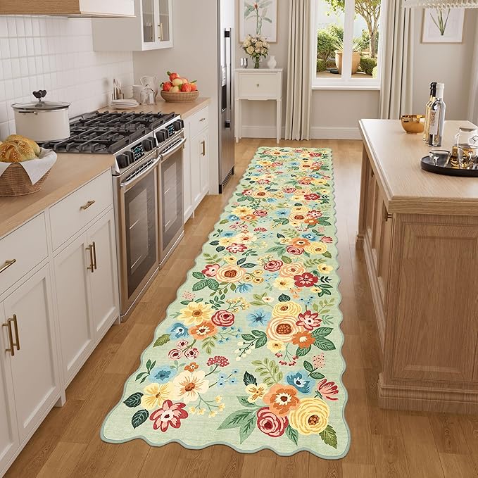 DUKINO 2x8 Washable Runner Rug, Lightweight Soft Floral Hallway Rug Runner with Low Pile Design, Non Shedding & Non Slip Backing Thin Indoor Carpet for Bedroom, Bathroom, Entrance, Kitchen, Green