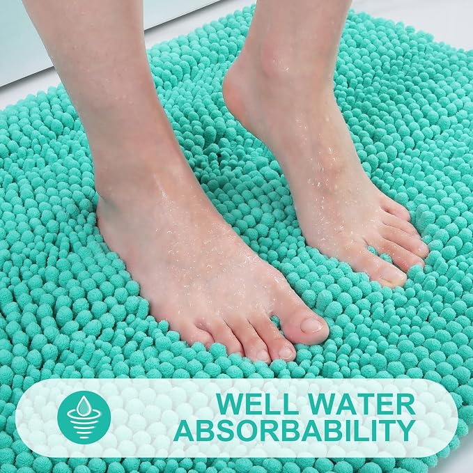 Grandaily Chenille Striped Bathroom Rugs 70x24, Extra Thick and Absorbent Bath Mats, Non-Slip Soft Plush Shaggy Shower Carpet, Machine Wash Dry, Bath Rug for Bathroom, Teal