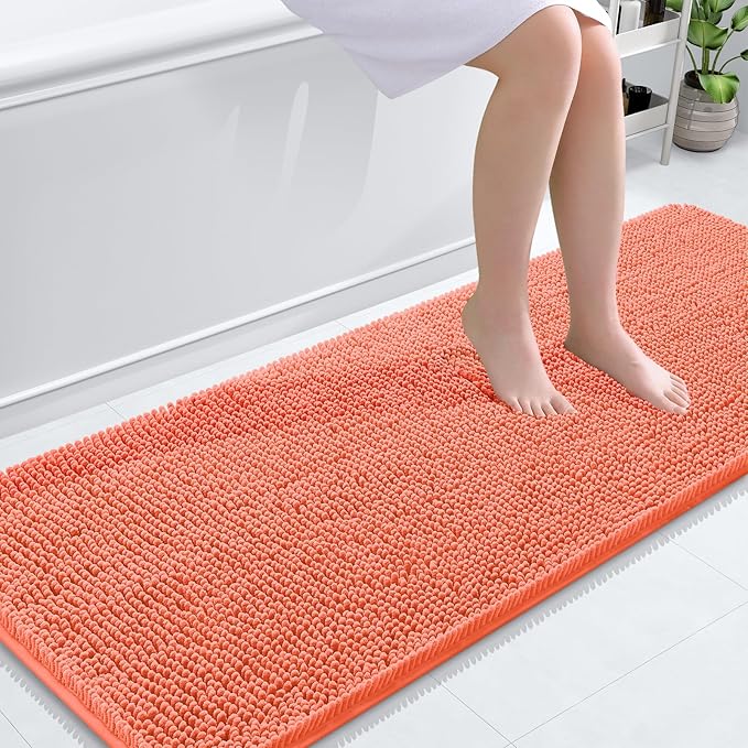 OLANLY Bathroom Runner Rugs 59x24, Extra Soft Absorbent Chenille Bath Rugs, Rubber Backing Quick Dry, Machine Washable Long Bath Mats for Bathroom Floor, Tub and Shower, Home Decor Accessories, Coral